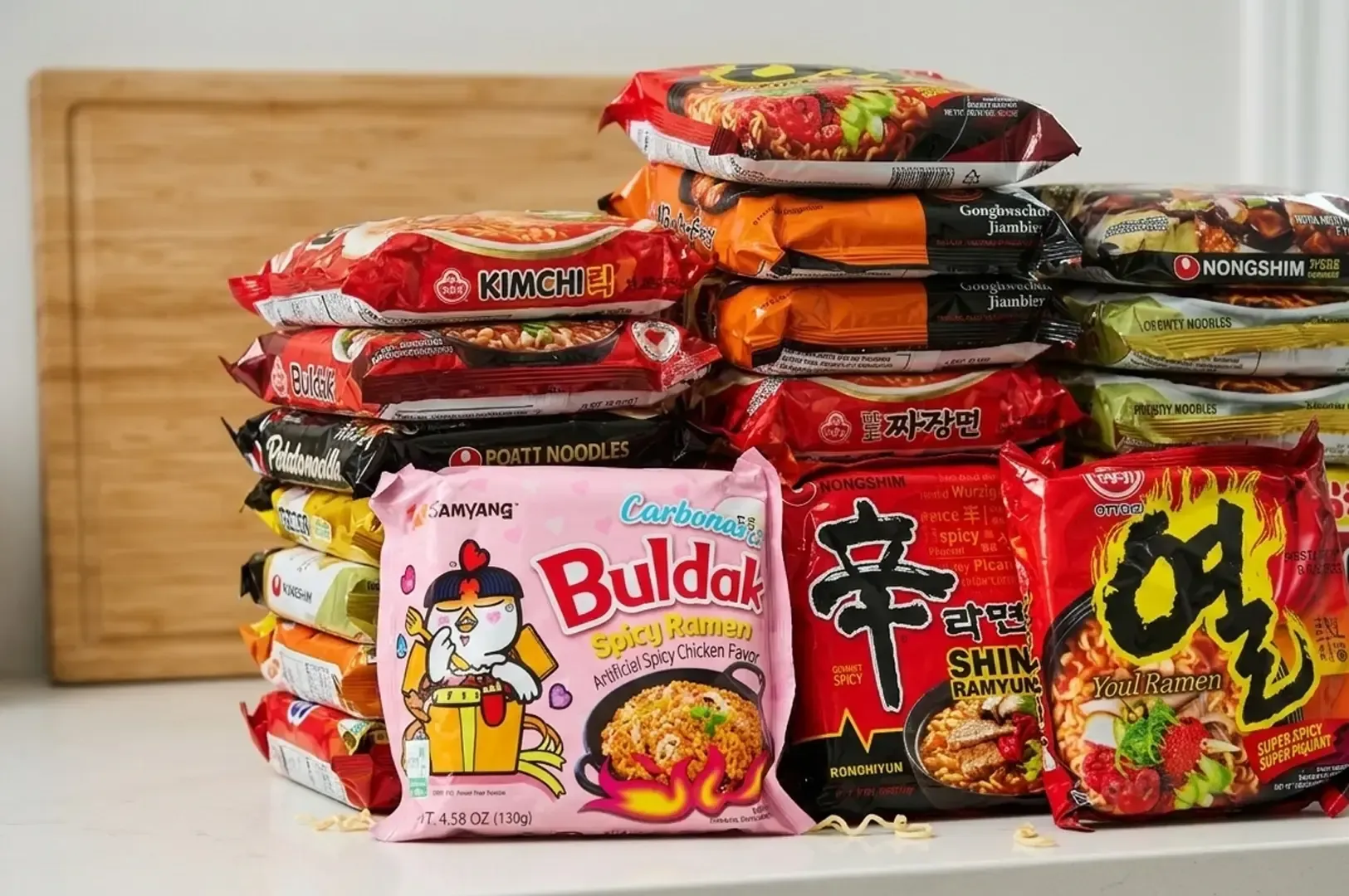 Colorful stack of Korean instant ramen packages including pink Samyang Buldak Carbonara, Nongshim Shin Ramyun, Kimchi Ramen, and Youl Ramen arranged on white countertop with wooden cutting board background.