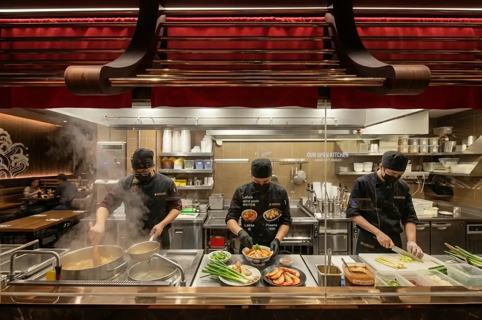 Chefs in black uniforms cooking in the open kitchen at Le Shrimp Ramen with steam rising from pots