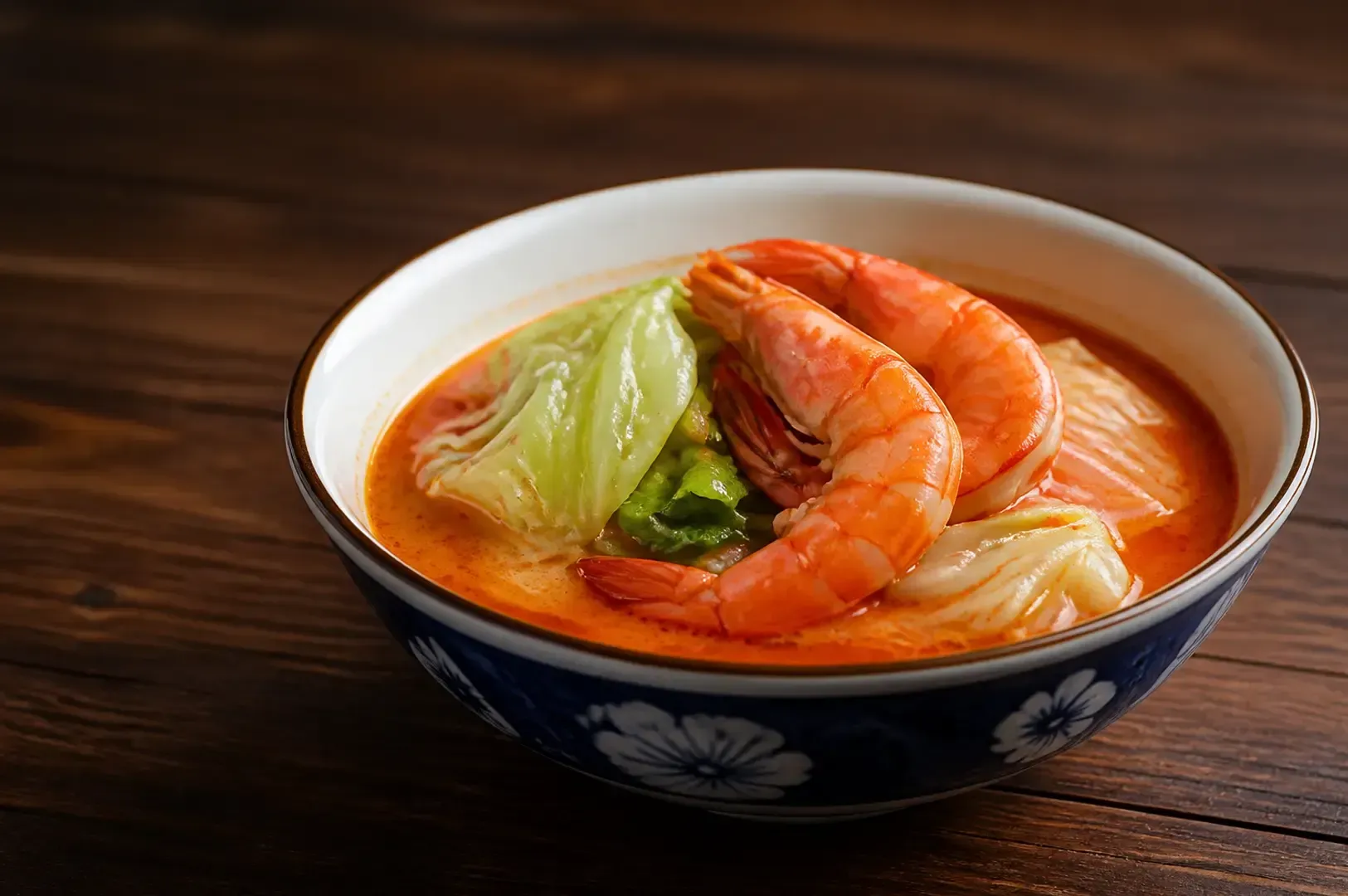 Close-up of a blue and white patterned bowl filled with spicy orange broth, large prawns, and cabbage