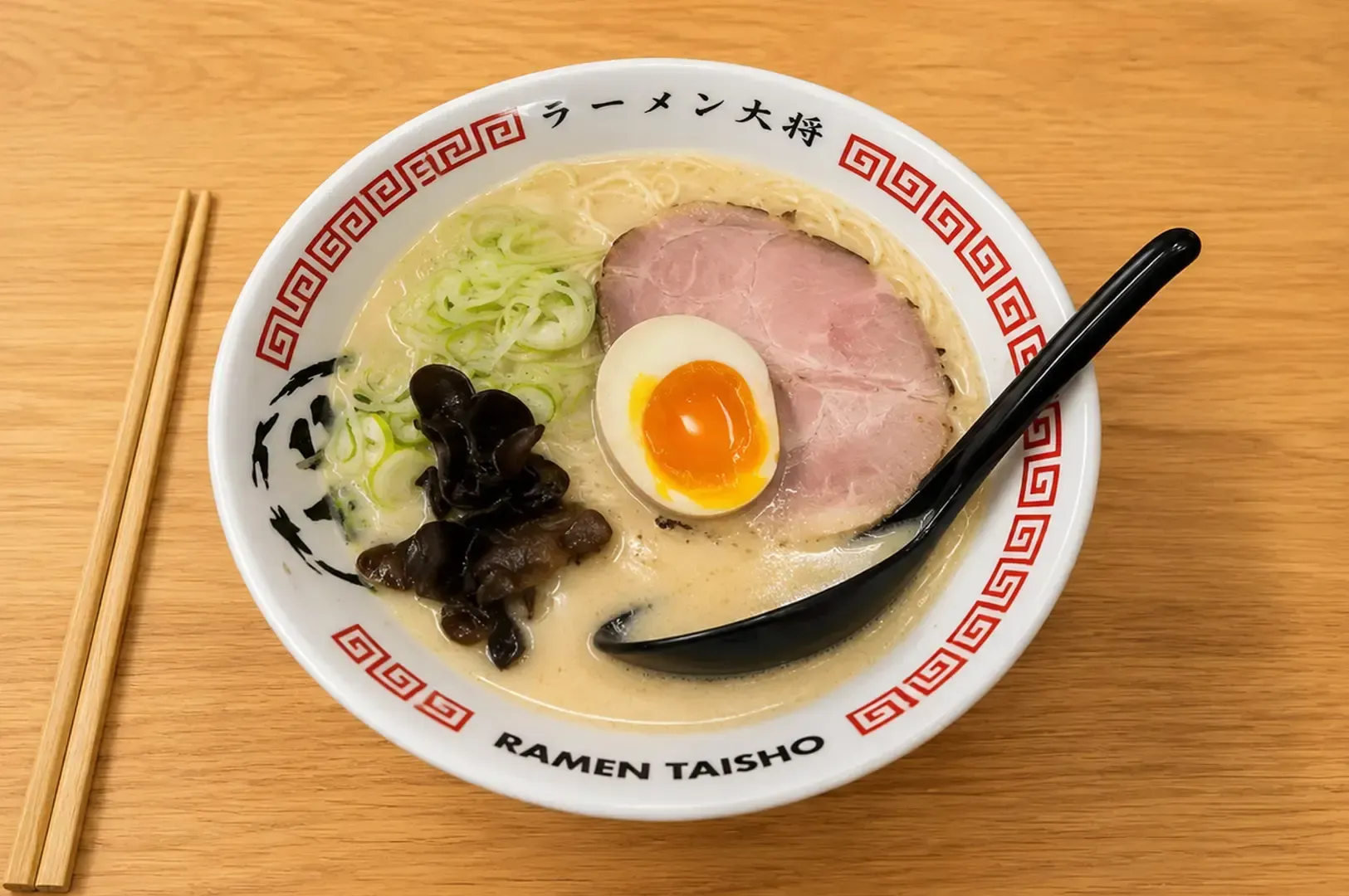 Bowl of Shiotonkotsu ramen from Ramen Taisho featuring a slice of chashu pork, soft boiled egg, wood ear mushrooms, and green onions in a decorative bowl with red geometric patterns