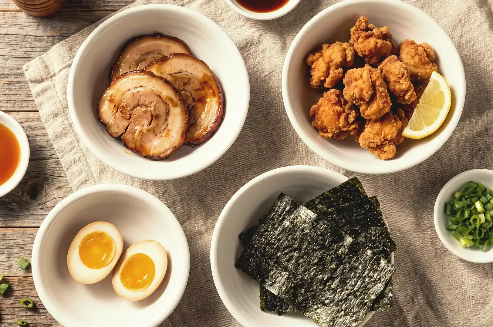 Top view of chashu, chicken karaage, nitamago egg, spring onions and nori placed on white bowls