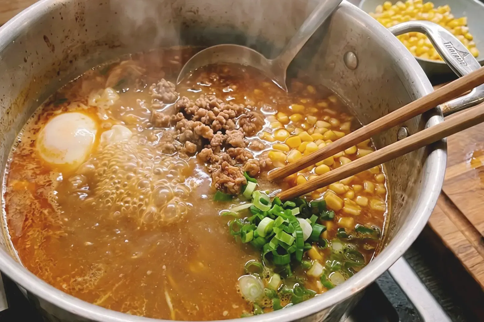 Boiling miso ramen in a pot