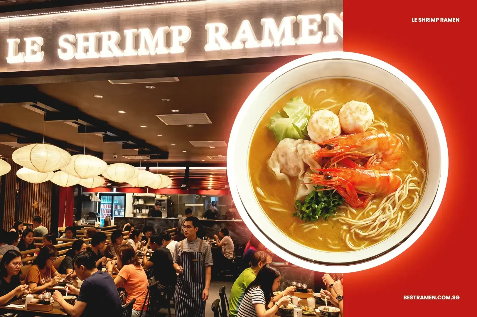 Le Shrimp Ramen storefront and top view photo of ramen with veggies, shrimp and meat toppings