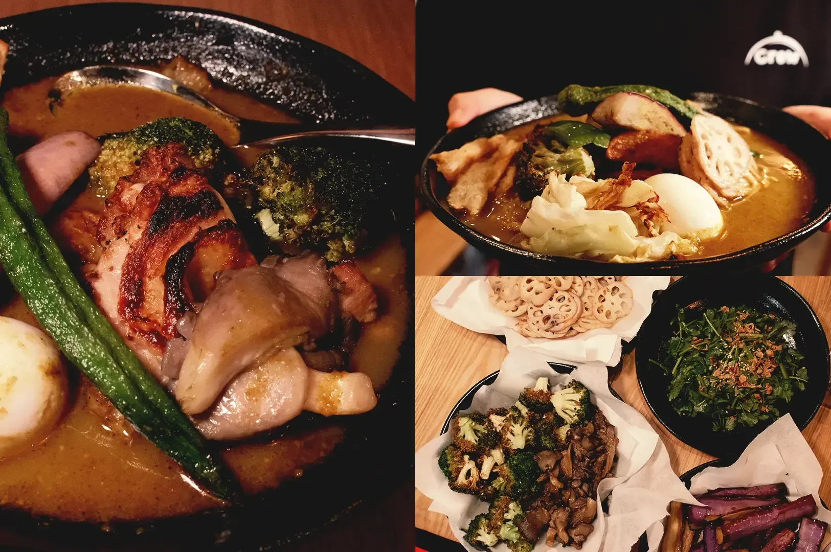 Collage of Soup Curry by Ki-setsu dishes featuring chicken and vegetable soup curry and side dishes