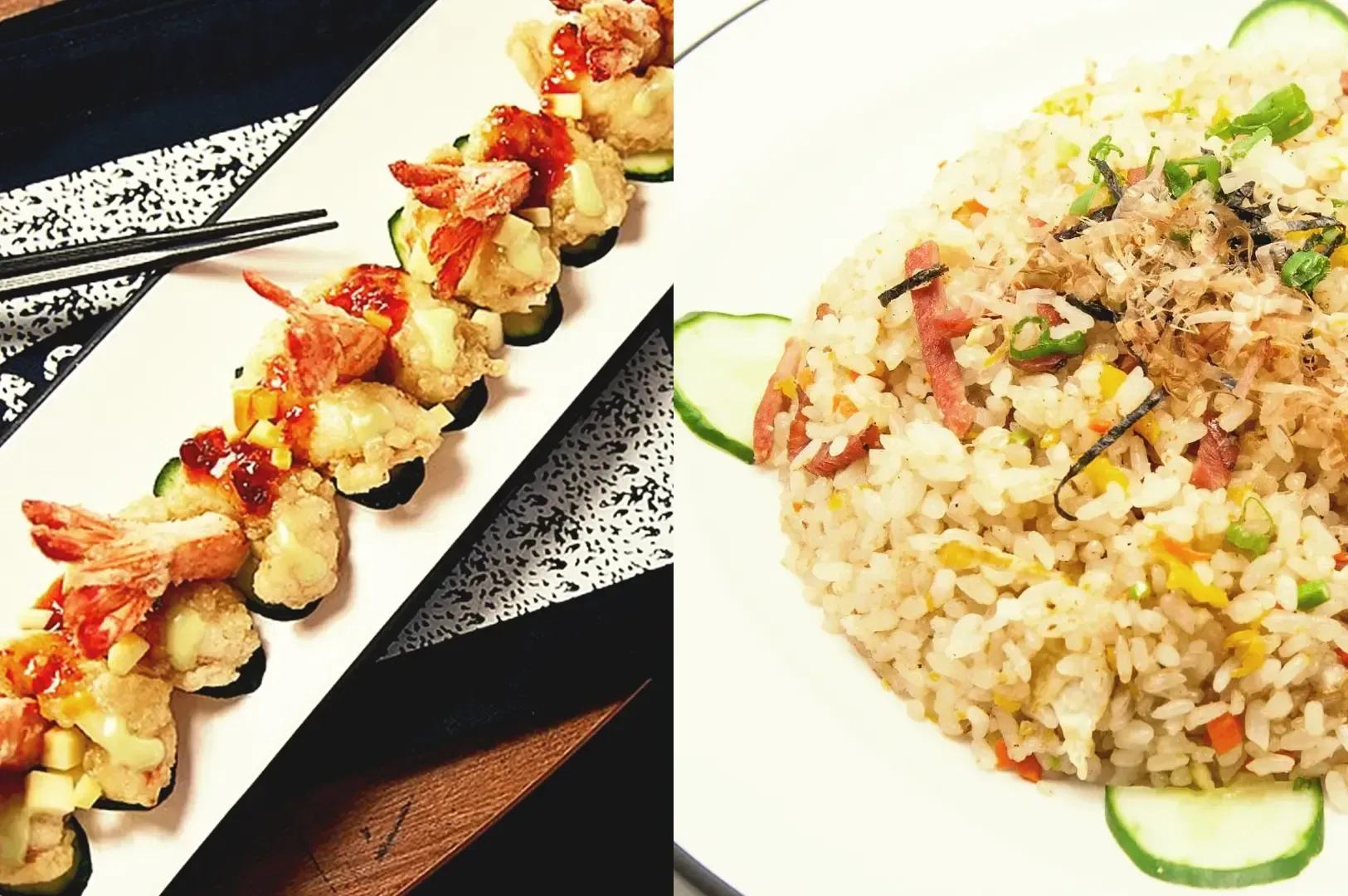 Fried shrimp with vegetables and fried rice seasoned with vegetables