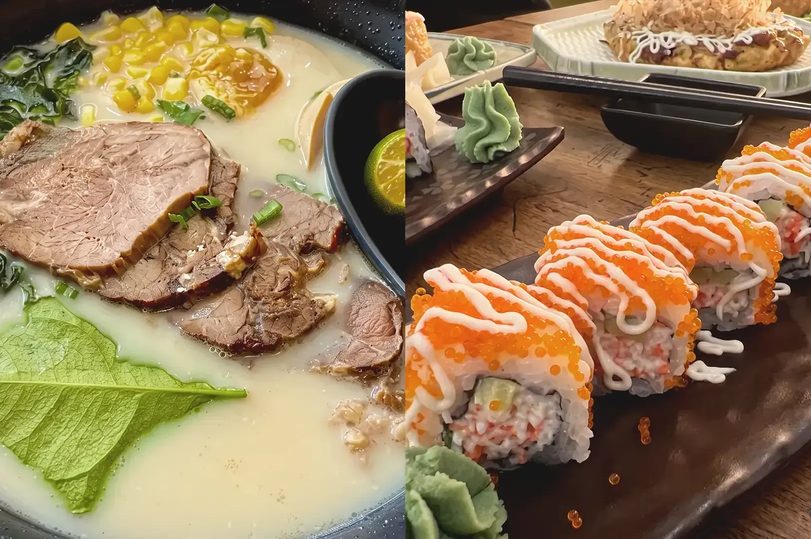 Collage of Beef Ramen with visible thick slices of beef and California Maki drizzled with japanese mayonnaise