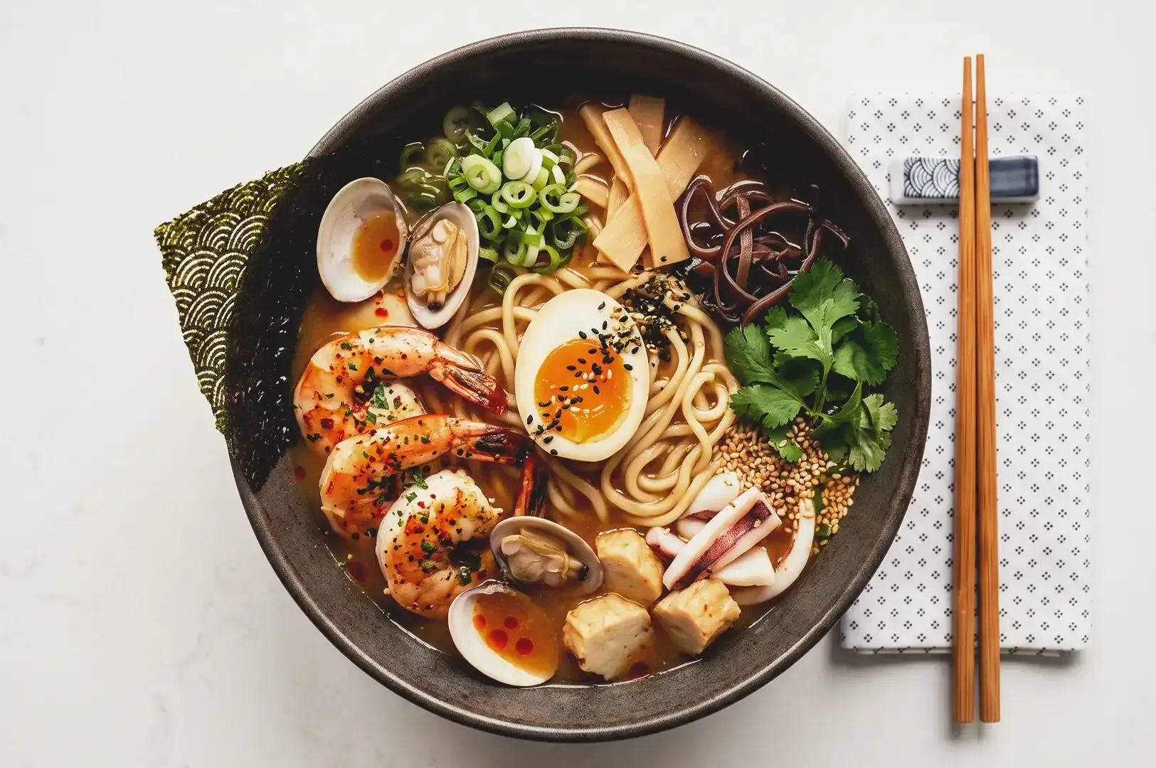Ramen bowl filled with shrimp, vegetables, eggs and spring onions with chopsticks on the side