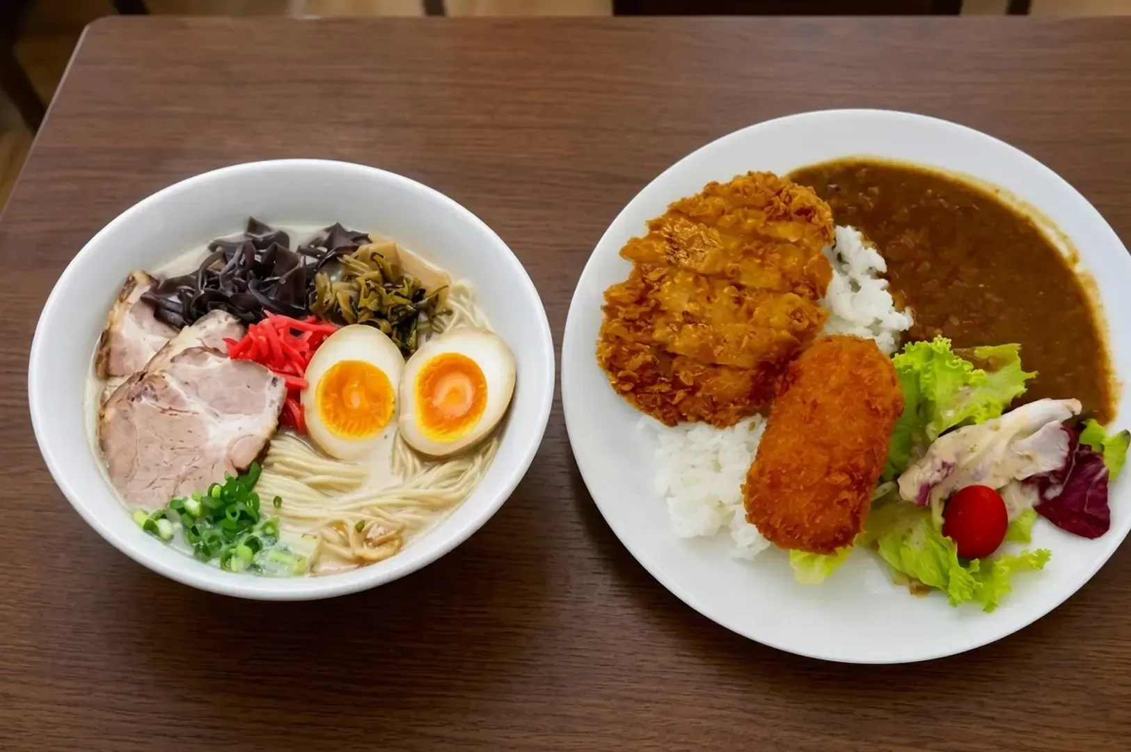 Bowl of ramen with pork and eggs beside a plate of katsu curry rice and salad on a dark wooden table