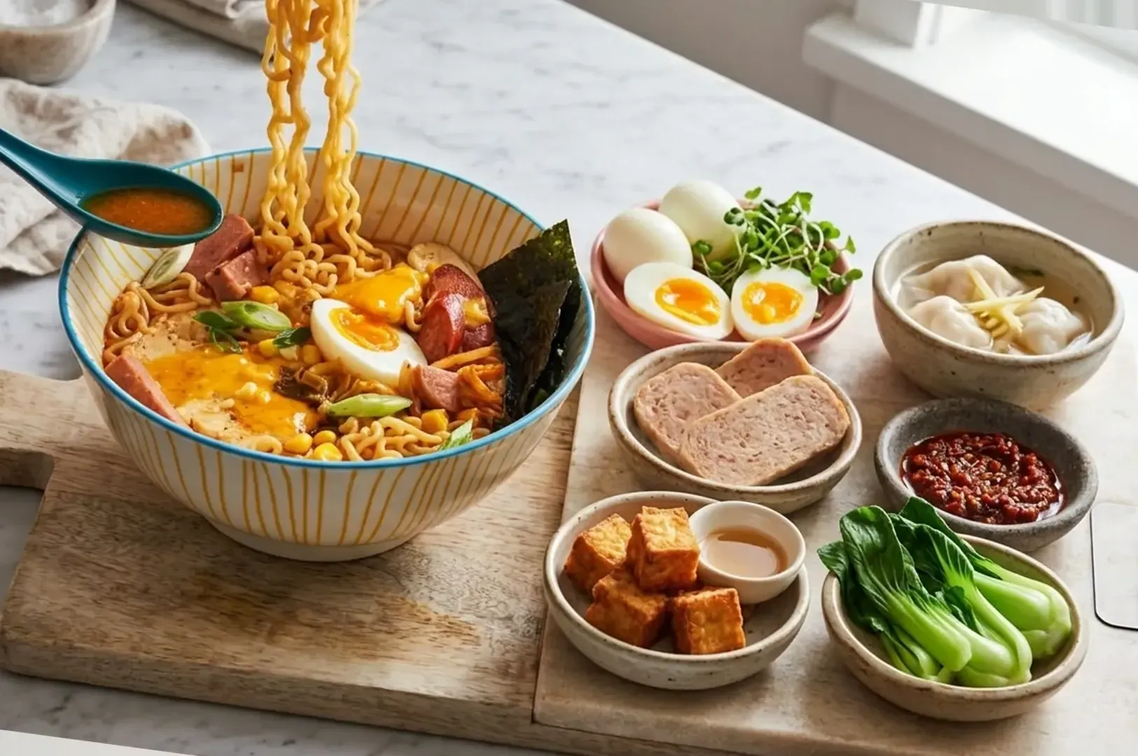 Loaded Korean ramen bowl with soft-boiled eggs, spam slices, seaweed, and corn surrounded by side dishes including tofu, bok choy, dumplings, and chili sauce on wooden boards
