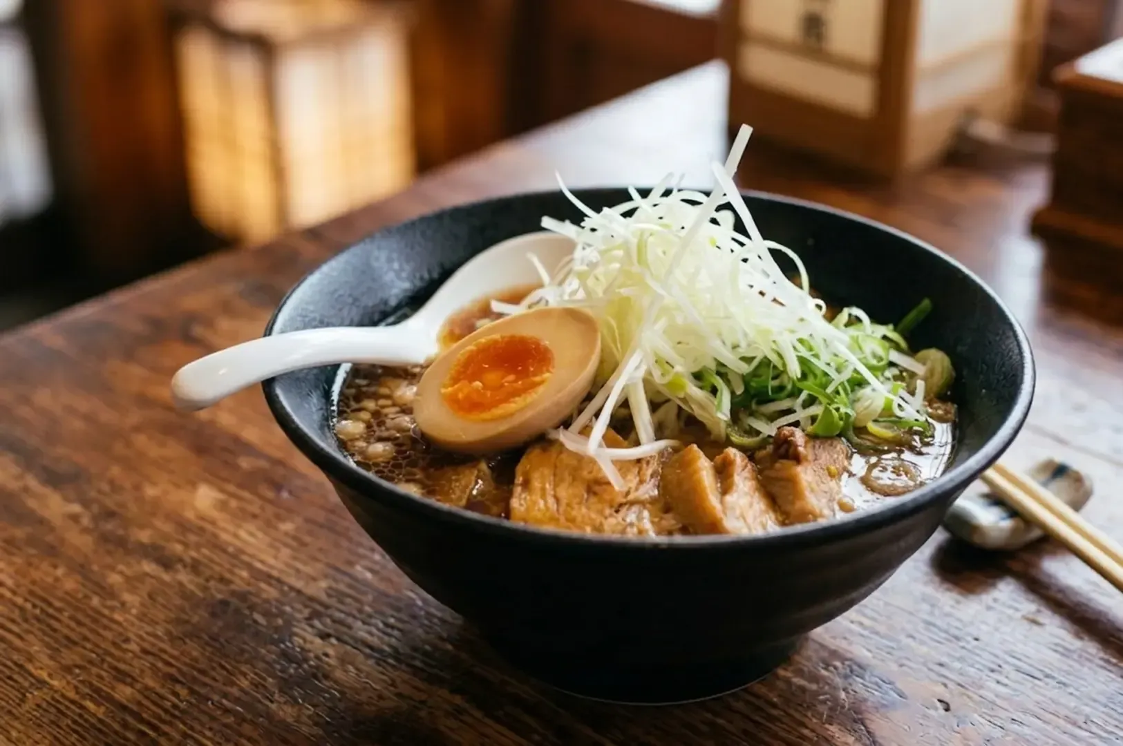 Onomichi-style ramen in black bowl with shredded cabbage, marinated ajitama egg, chashu pork, and green onions with white ceramic spoon