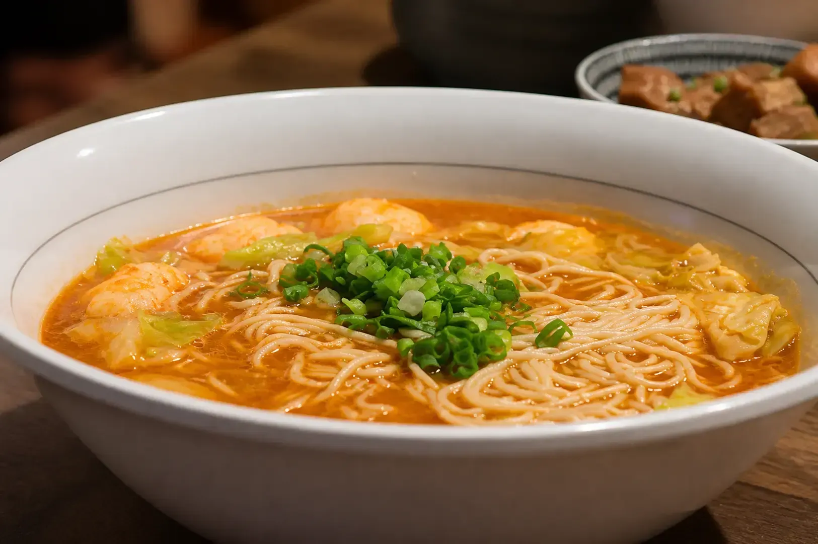 Close-up of a white bowl containing ramen noodles, shrimp dumplings, and green onions in a rich orange broth