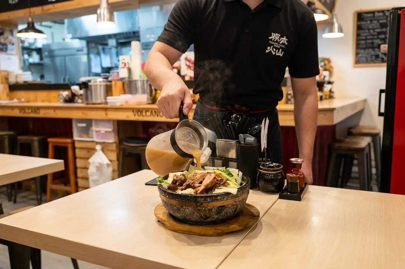 A server pouring hot broth into a sizzling stone bowl of meat and vegetables at the Volcano ramen counter