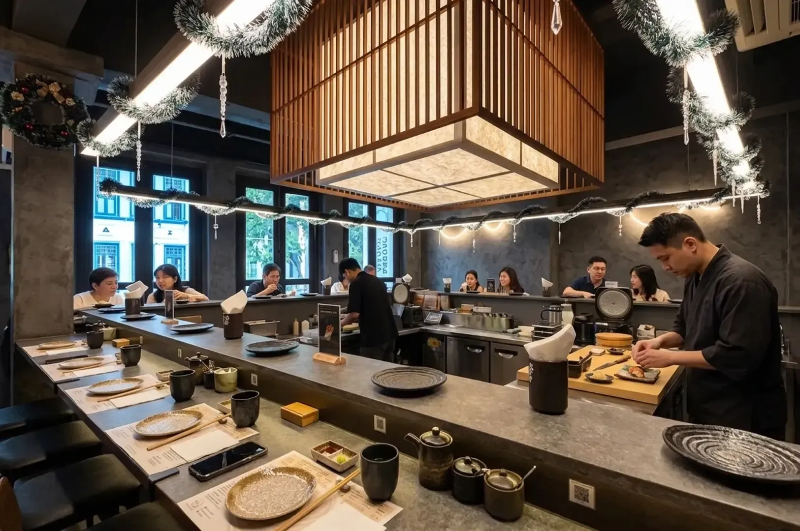 Modern sushi bar interior at Toku Nori with chefs preparing dishes behind a long counter decorated with Christmas garlands