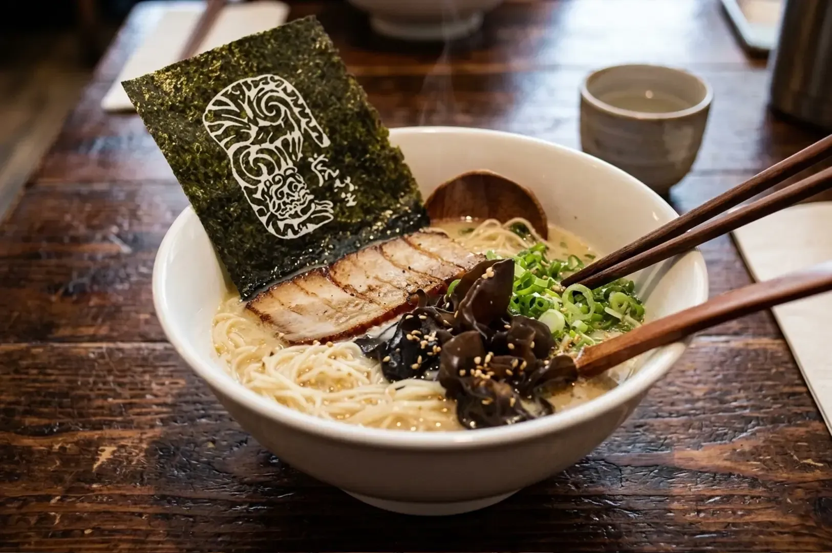 Steaming bowl of Torasho ramen with chashu pork, wood ear mushrooms, and signature tiger-design nori sheet on a wooden table