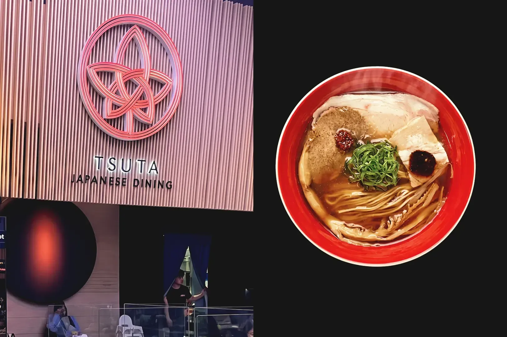 Tsuta Japanese dining storefront and ramen topped with veggies and meat on a red bowl
