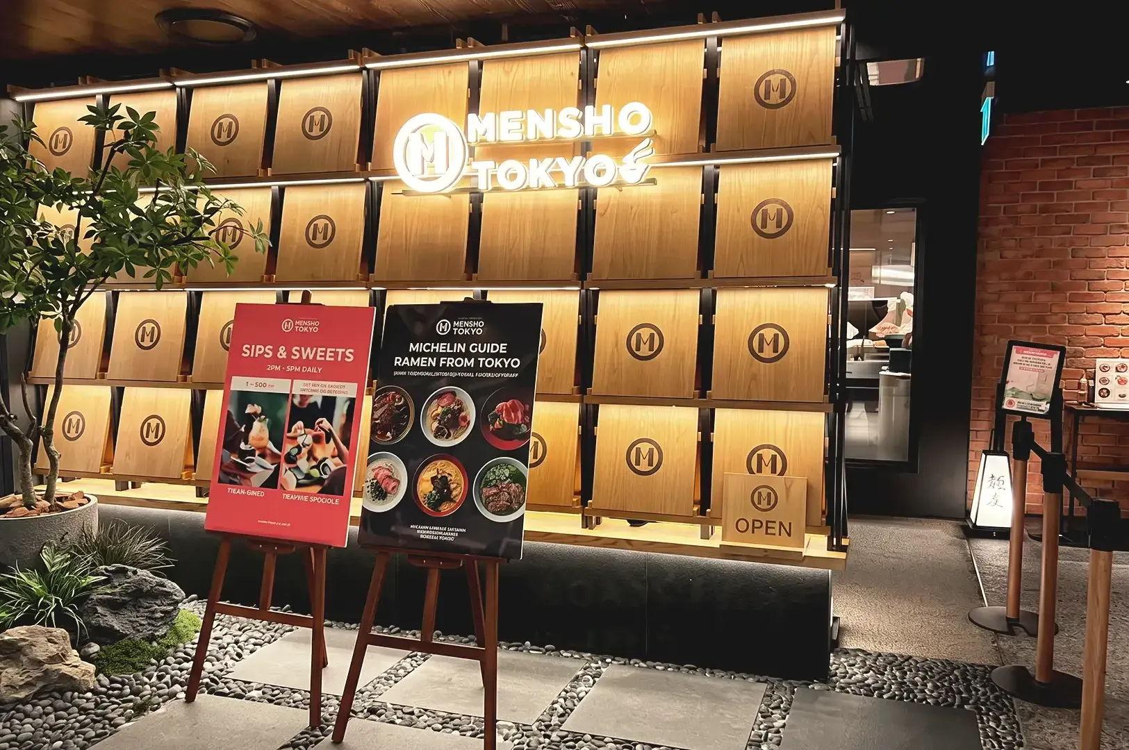 Store entrance with LED lighted Mensho Tokyo logo on light brown wall decoration and menu posters