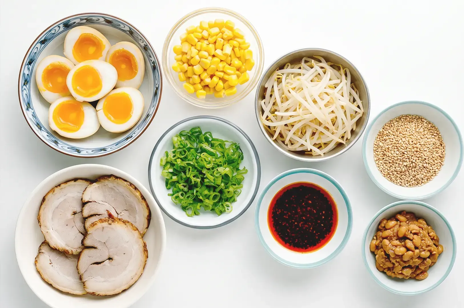 Top view of yolks, sweet corn, bean sprouts, thinly sliced pork (chashu), green onions, toasted sesame seeds, chili oil, and fermented bean paste