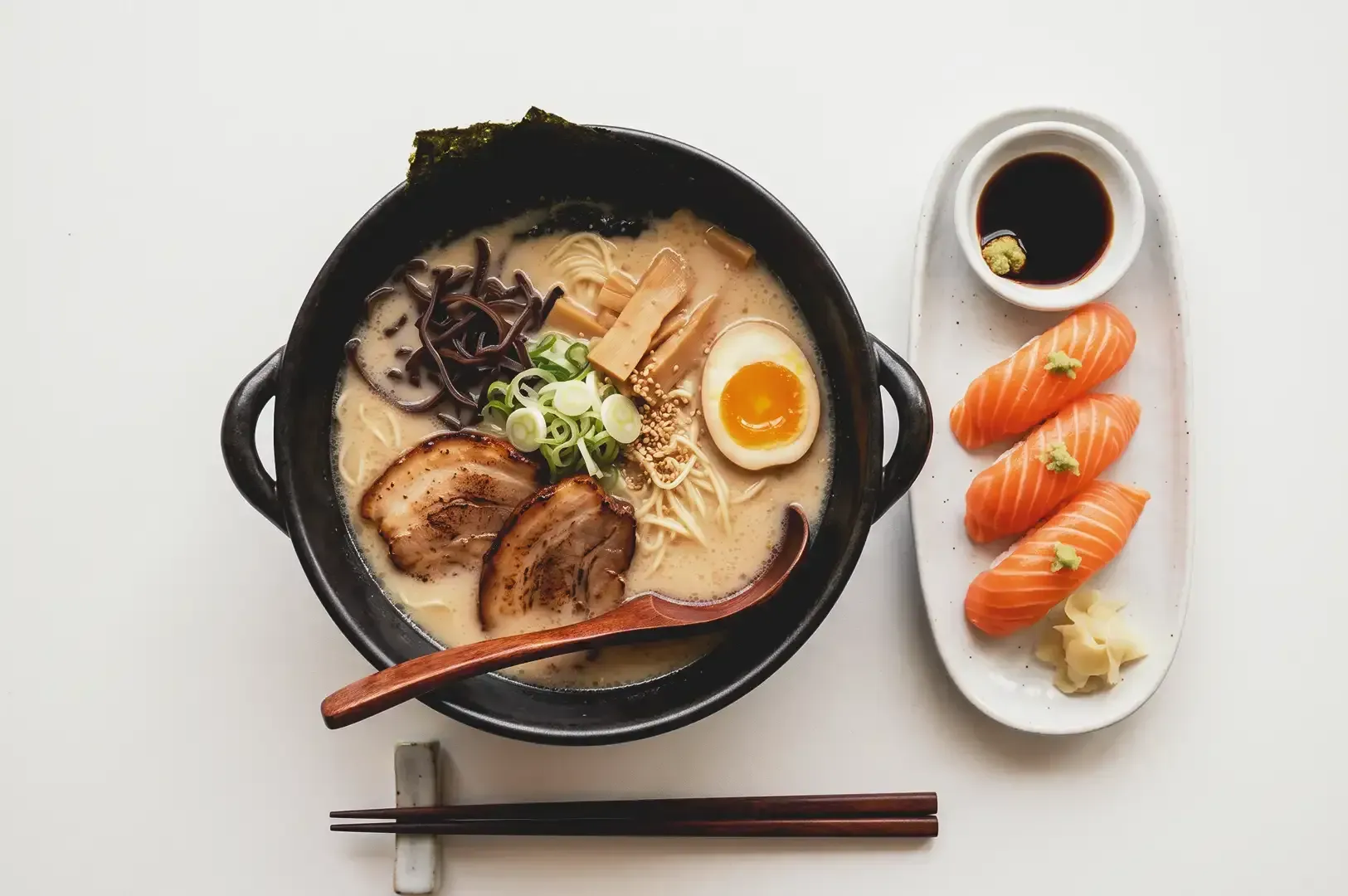 Top view of Tonkotsu ramen served with salmon sushi accompanied by soy sauce on the side
