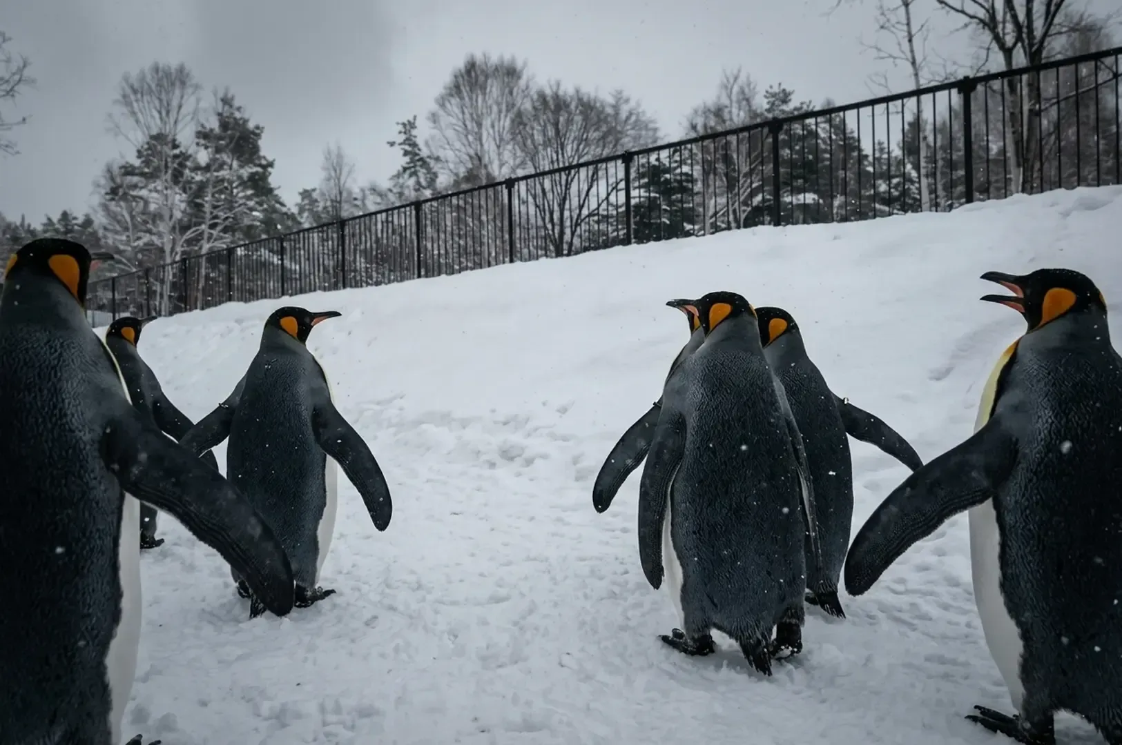 King penguins walking in snow at Asahiyama Zoo, a popular attraction near Asahikawa