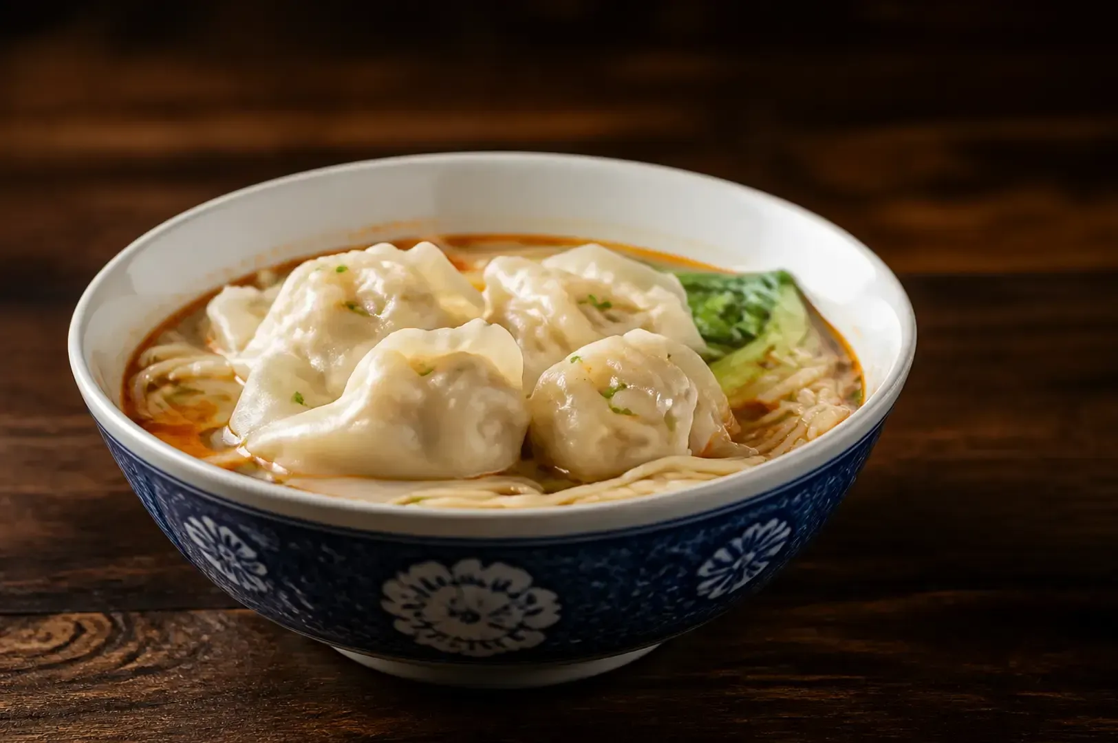 Blue and white patterned bowl filled with wonton dumplings, noodles, and bok choy in clear broth on wooden table