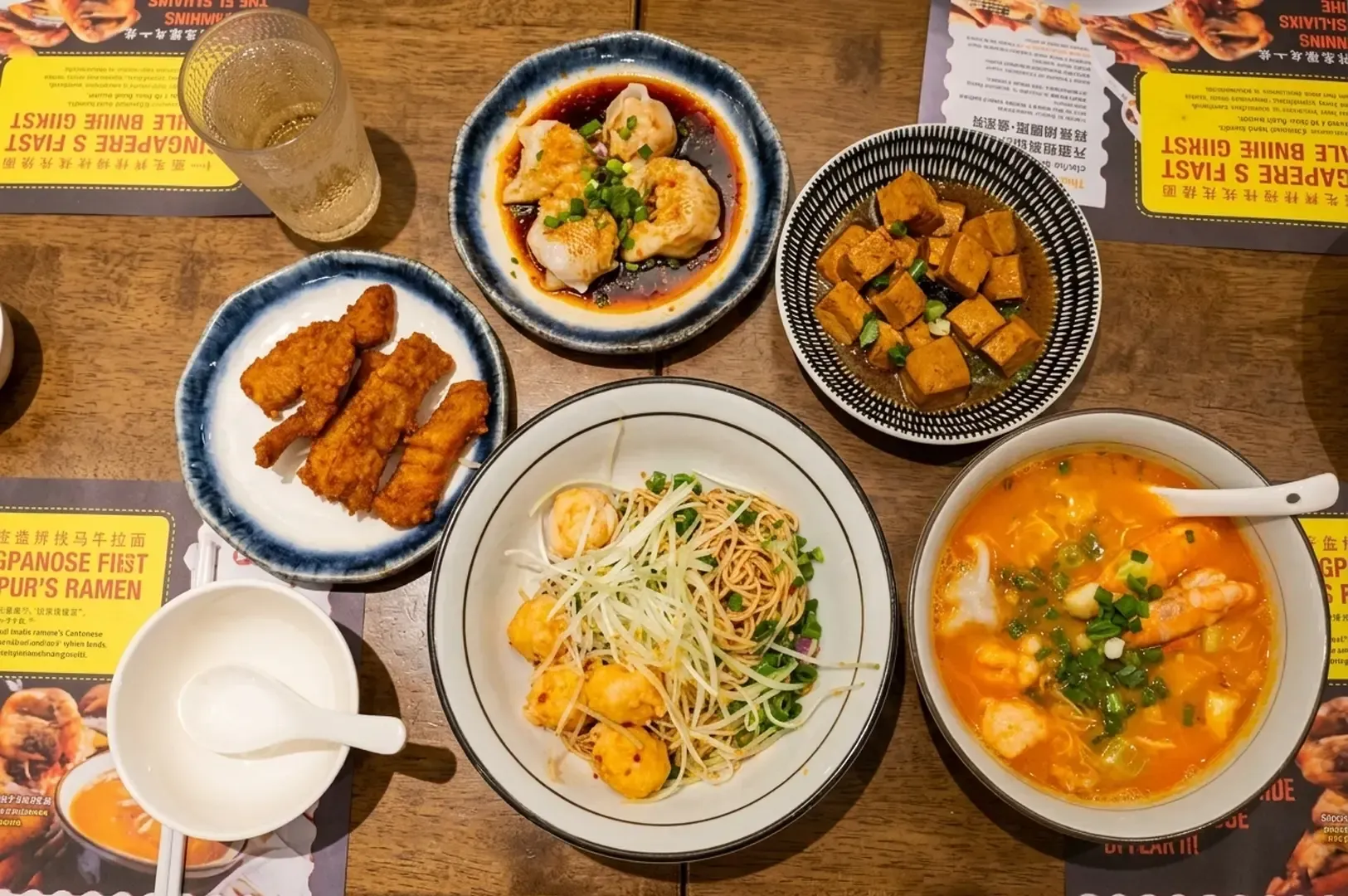 Overhead view of a table spread with dry noodles, shrimp ramen, dumplings, fried tofu, and chicken strips