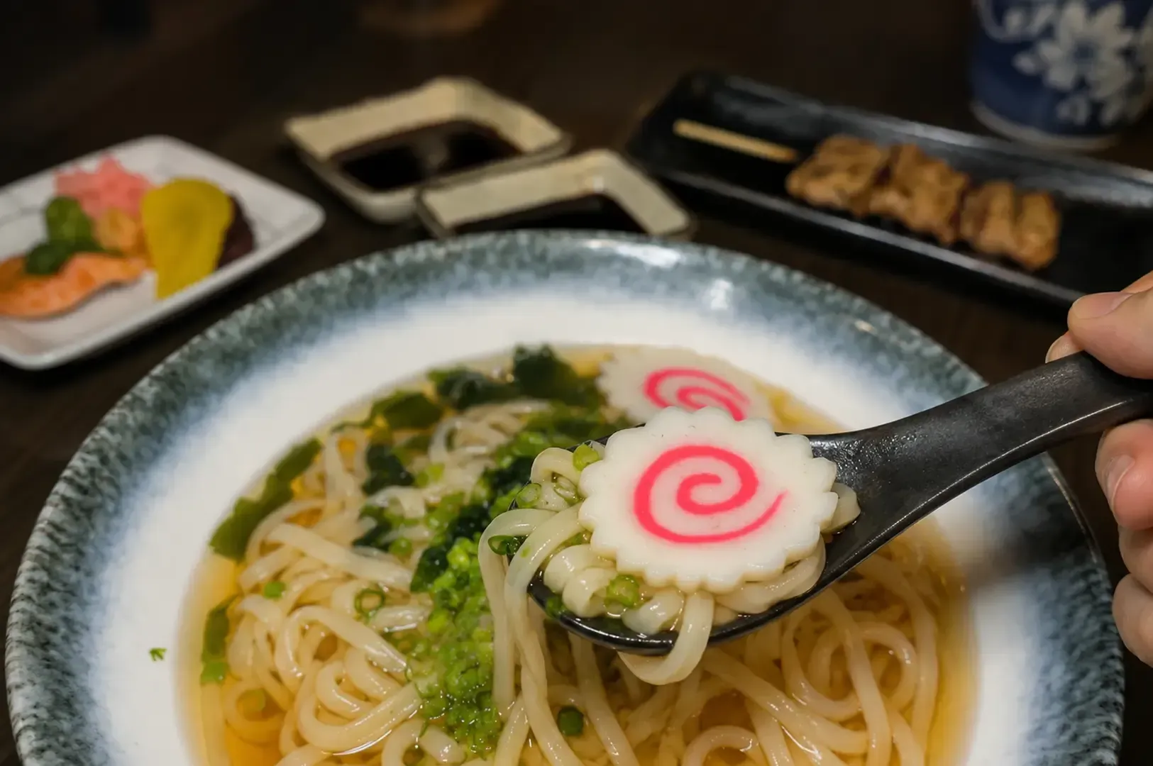 Udon ramen noodles with pink spiral fish cake on spoon