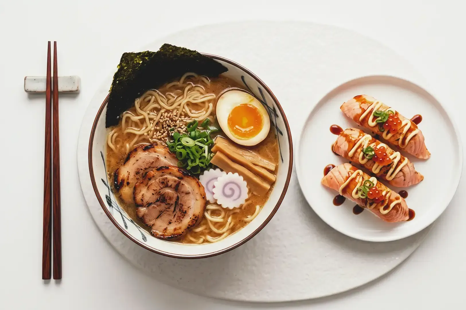 Top view of ramen bowl filled with egg, pork meat, noodles and nori garnished with green onions along aburi sushi