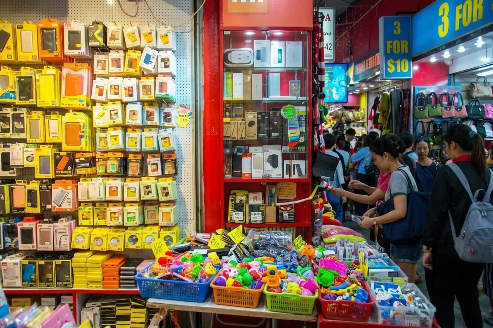 Bustling Bugis Street market stall displaying colorful phone cases and toys with shoppers browsing nearby