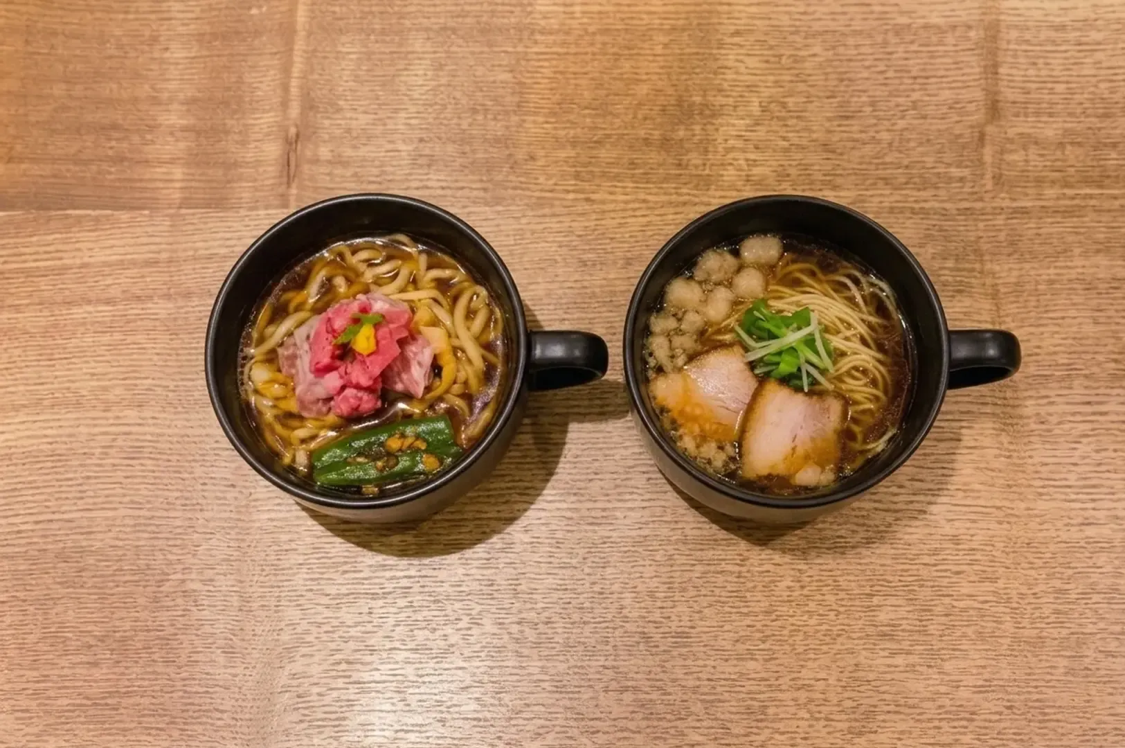 Two ramen varieties side by side - udon with pickled ginger and okra, and shoyu ramen with chashu pork showing regional Japanese noodle styles