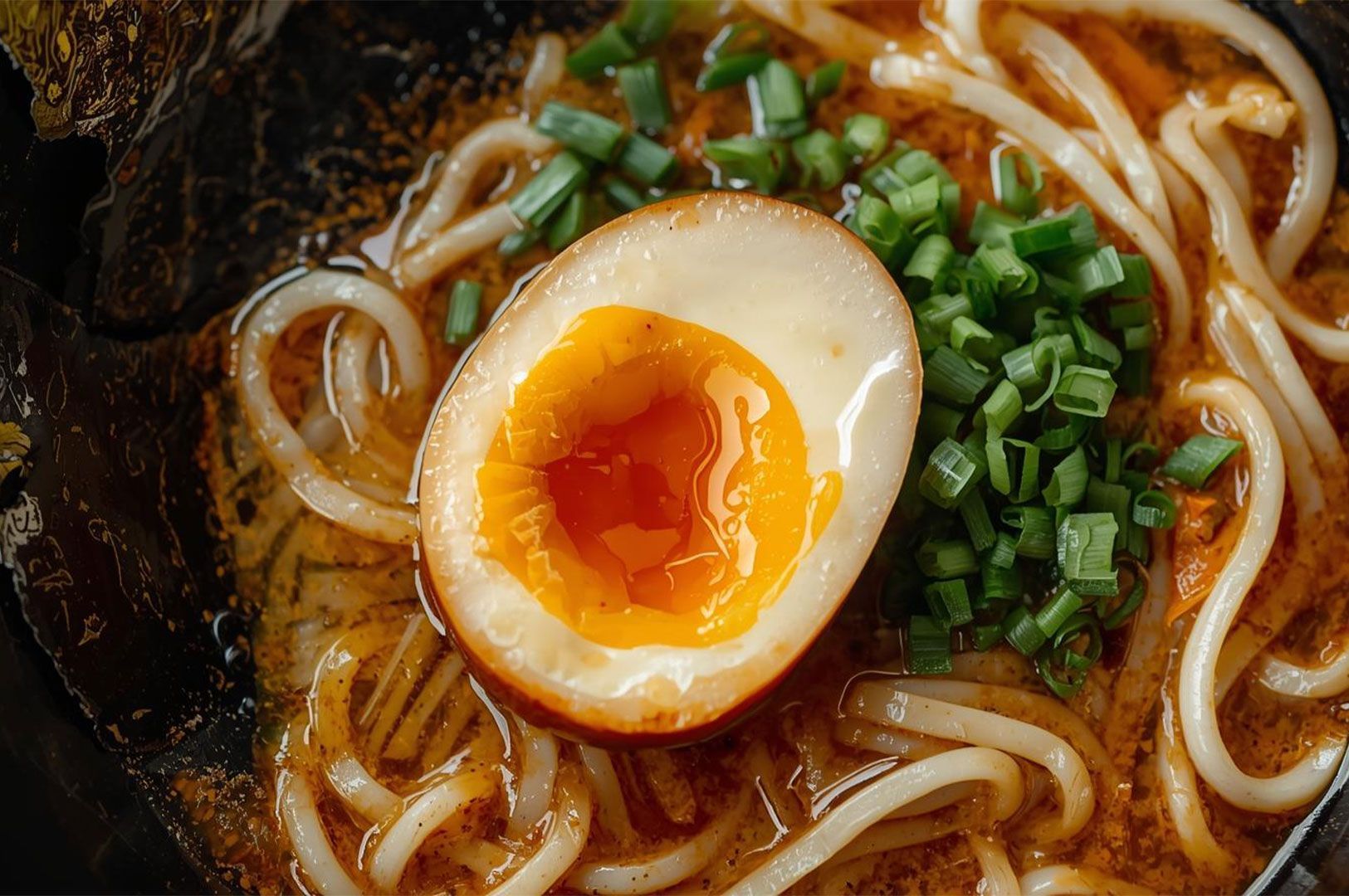 Close-up of a bowl of spicy ramen noodles topped with a perfectly soft-boiled (ajitama) egg and chopped green onions.