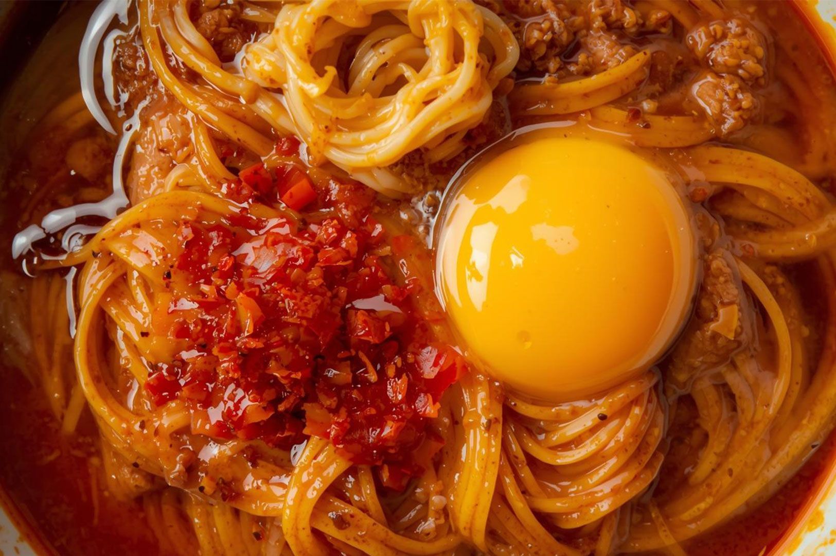 Extreme close-up of spicy tan-tan men or similar noodles, featuring a bright red chili topping and a raw, unbroken egg yolk sitting on top of the broth and noodles.