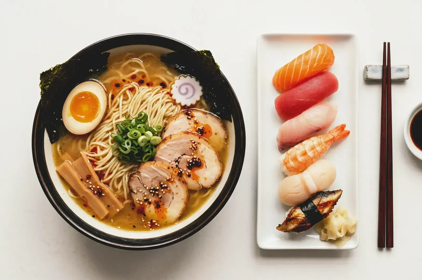Top view of ramen bowl filled with pork meat, noodles, egg and nori garnished with chopped green onions along with sushi platter on the side