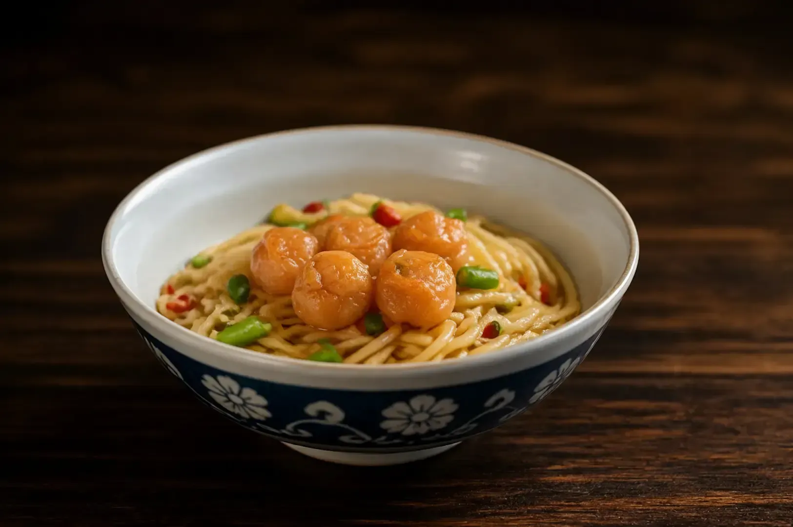 Decorative bowl containing noodles topped with orange fish balls, green peas, and red chili pieces