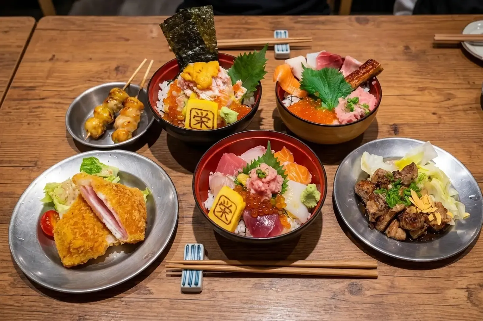 Assorted Japanese dishes including katsu sando, seafood donburi bowls, yakitori skewers, and grilled meat on wooden table
