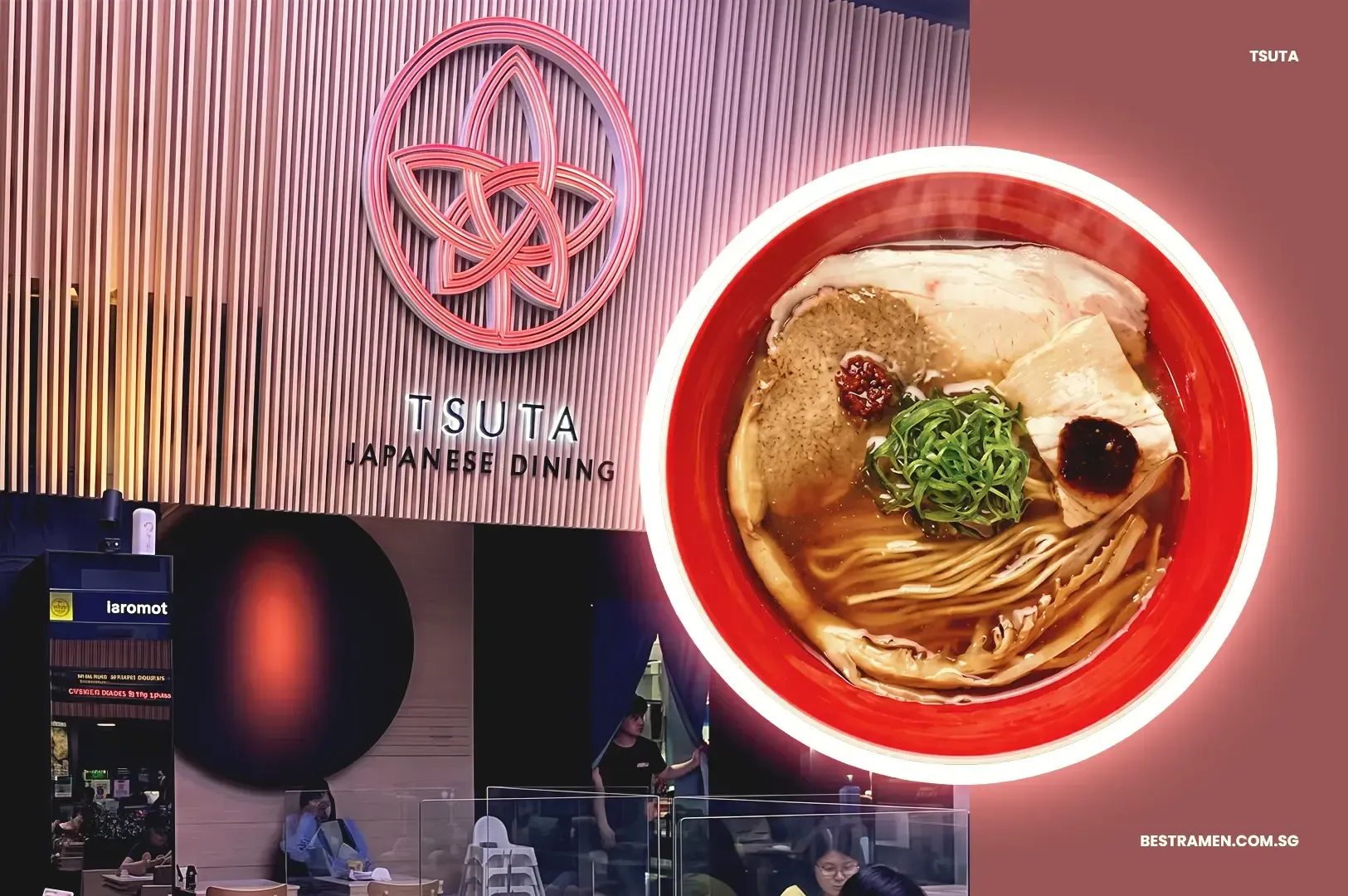 Tsuta Japanese Dining storefront and top view photo of ramen with veggies and pork meat