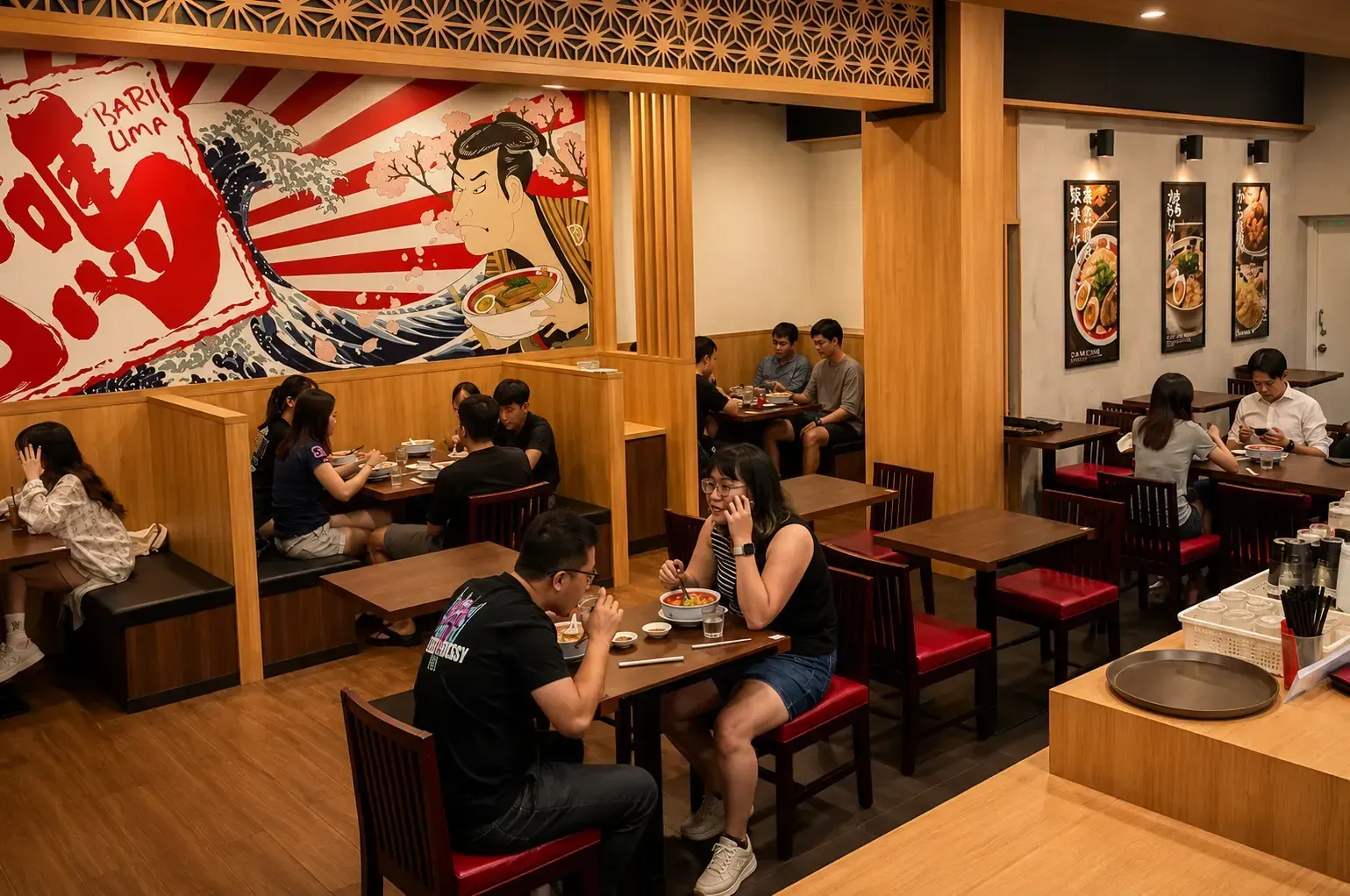Dining area of a Japanese ramen restaurant filled with customers eating at wooden tables beneath a vibrant Japanese mural.