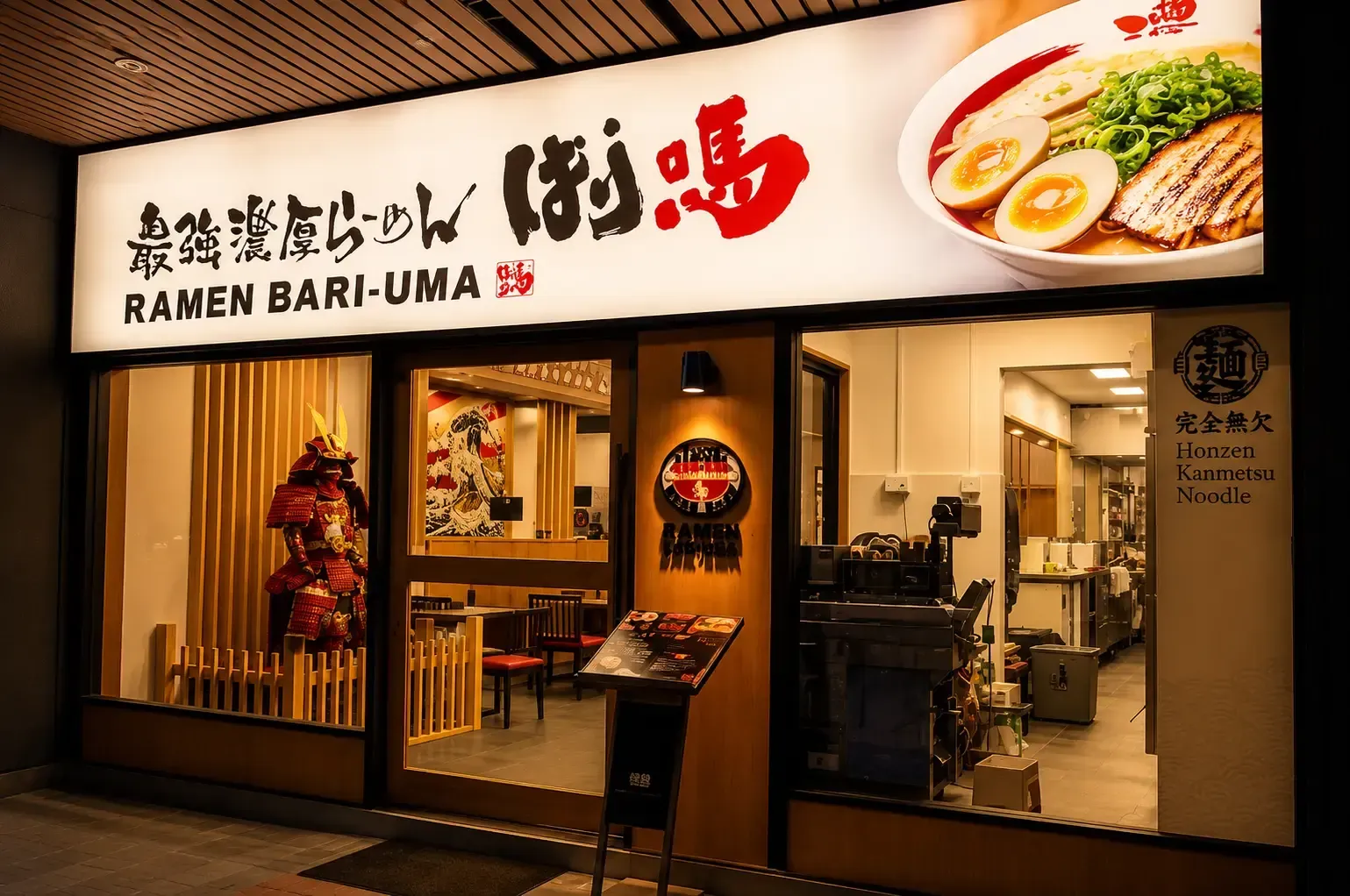 Exterior view of the Ramen Bari-Uma restaurant featuring illuminated signage and a samurai armor