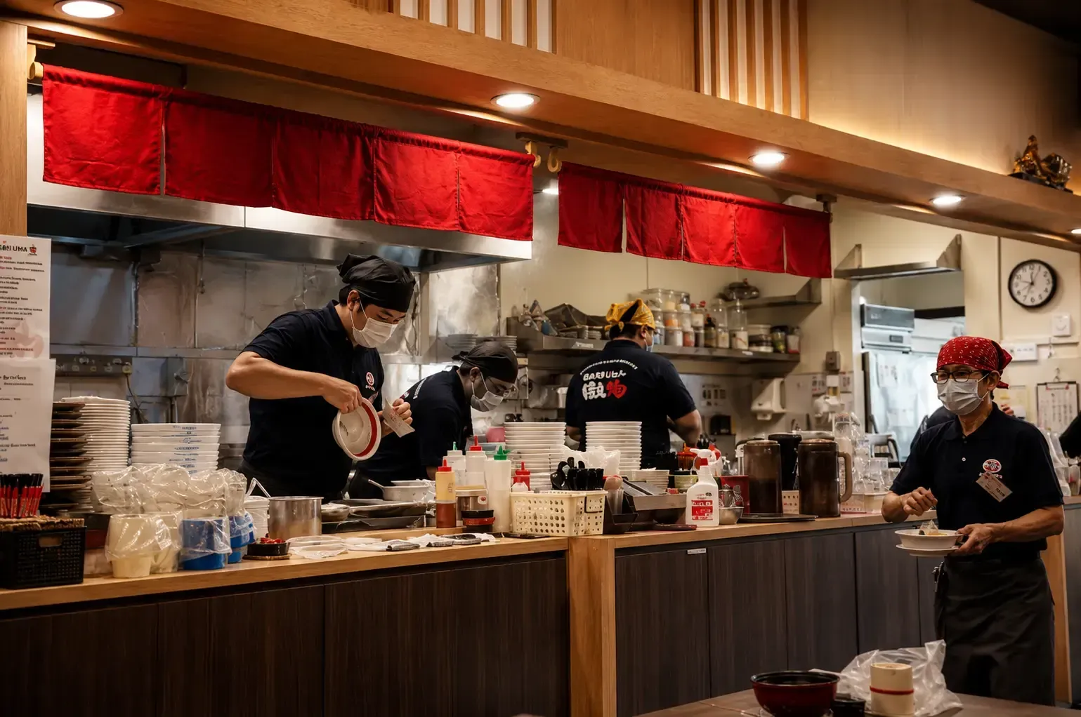 Kitchen counter of a busy ramen restaurant with staff members in face masks preparing dishes and serving food.