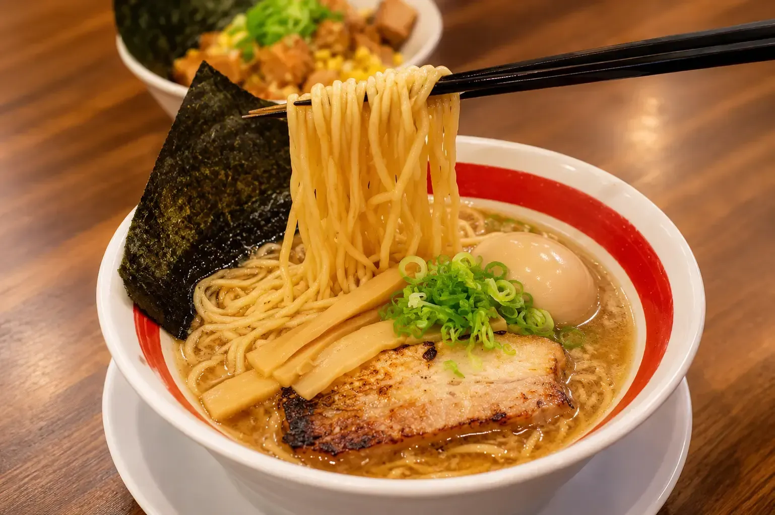 Chopsticks lifting ramen noodles from a rich broth topped with pork belly, bamboo shoots, green onions, and a soft-boiled egg.