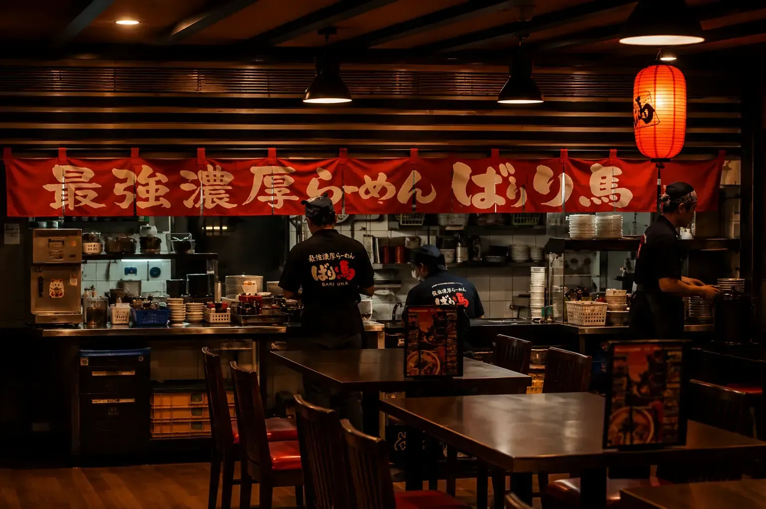 Kitchen counter of a ramen restaurant with chefs preparing meals beneath a red banner with Japanese text.