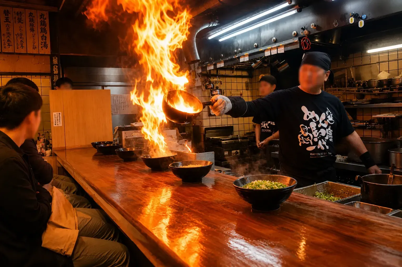 A top-down view of three different bowls of ramen arranged in a row on a wooden table, featuring various toppings like sliced chashu pork, soft-boiled eggs, and green onions, accompanied by chopsticks and small condiment dishes.