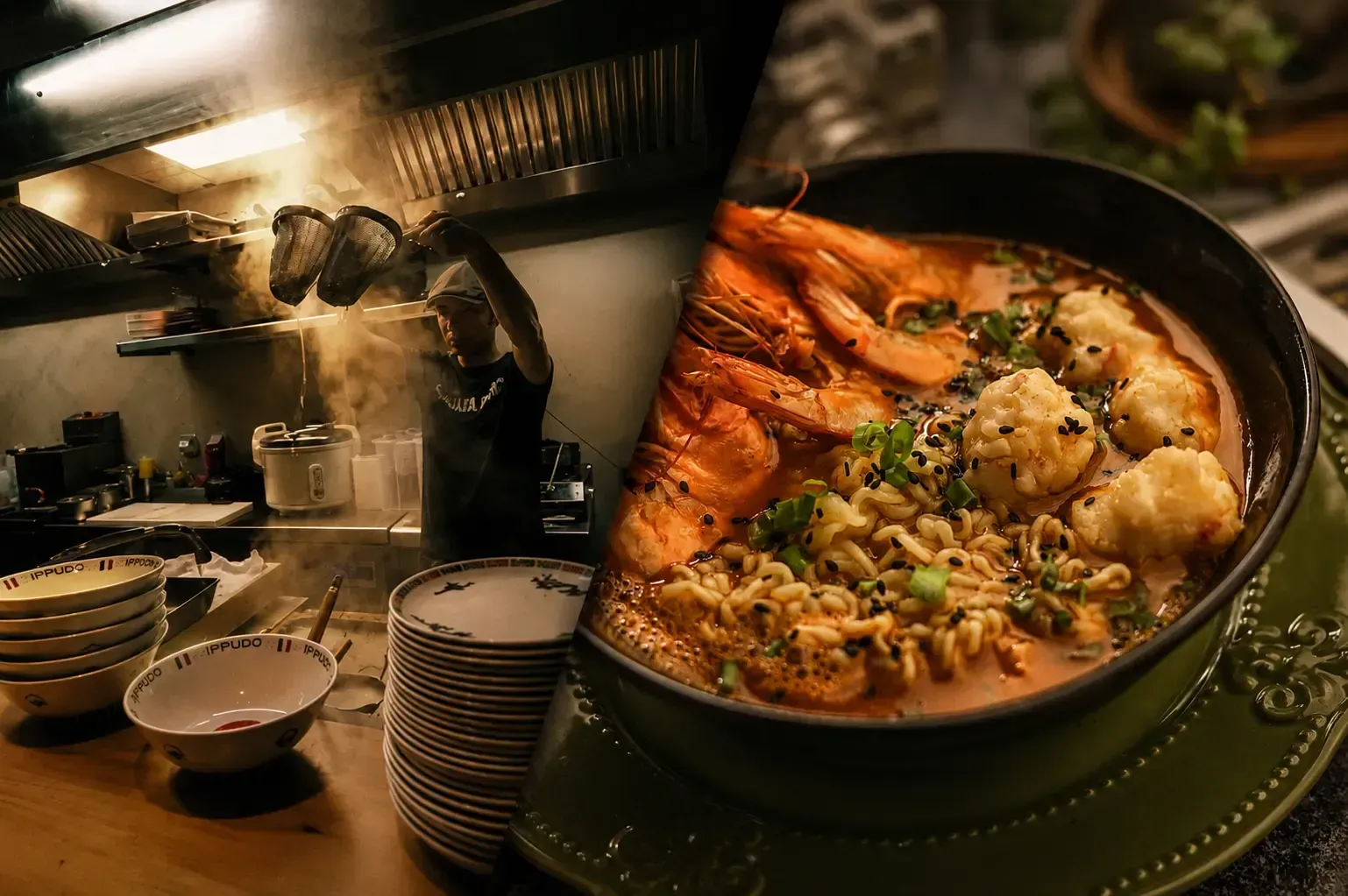 A split-screen image showcasing ramen preparation. On the left, a chef shakes water from noodle strainers in a steaming kitchen stacked with Ippudo bowls. On the right, a close-up shows a bowl of spicy seafood ramen topped with whole shrimp, fish balls, green onions, and black sesame seeds.