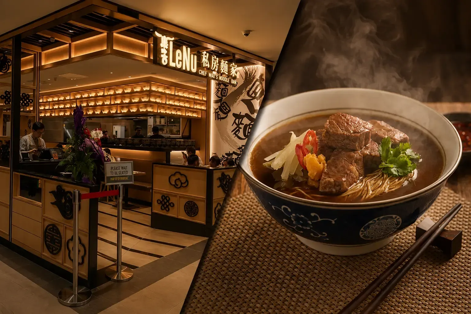 A split-screen image highlighting LeNu Chef Wai's Noodle Bar. On the left is the restaurant's modern entrance featuring warm wooden panels, a