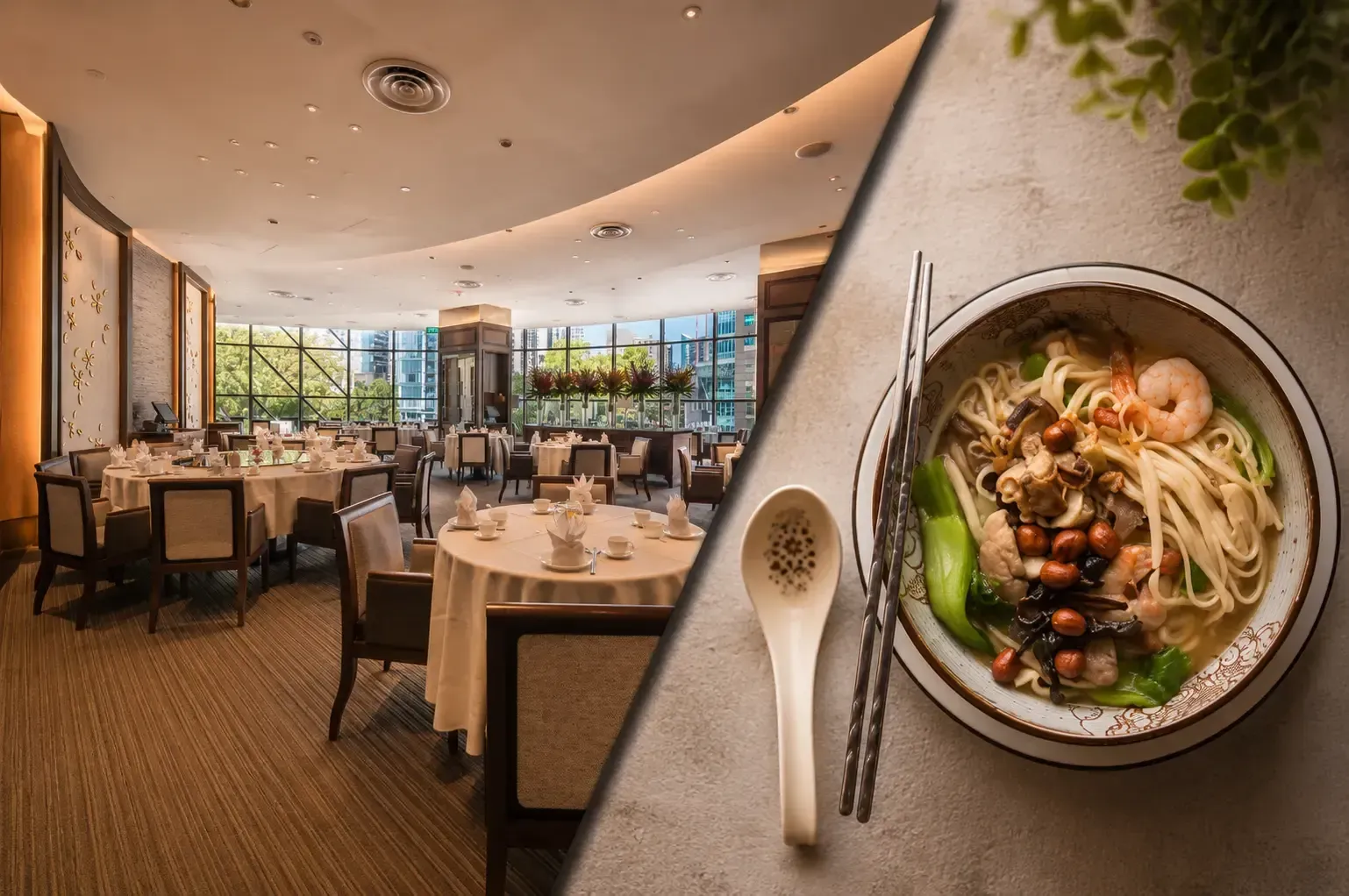 A split-screen image highlighting a bright dining experience. On the left is a spacious, upscale restaurant with large windows overlooking city greenery, featuring round tables with white tablecloths and high-backed chairs. On the right, a top-down view shows a bowl of noodle soup topped with shrimp, peanuts, mushrooms, and bok choy, served with chopsticks and a porcelain spoon.