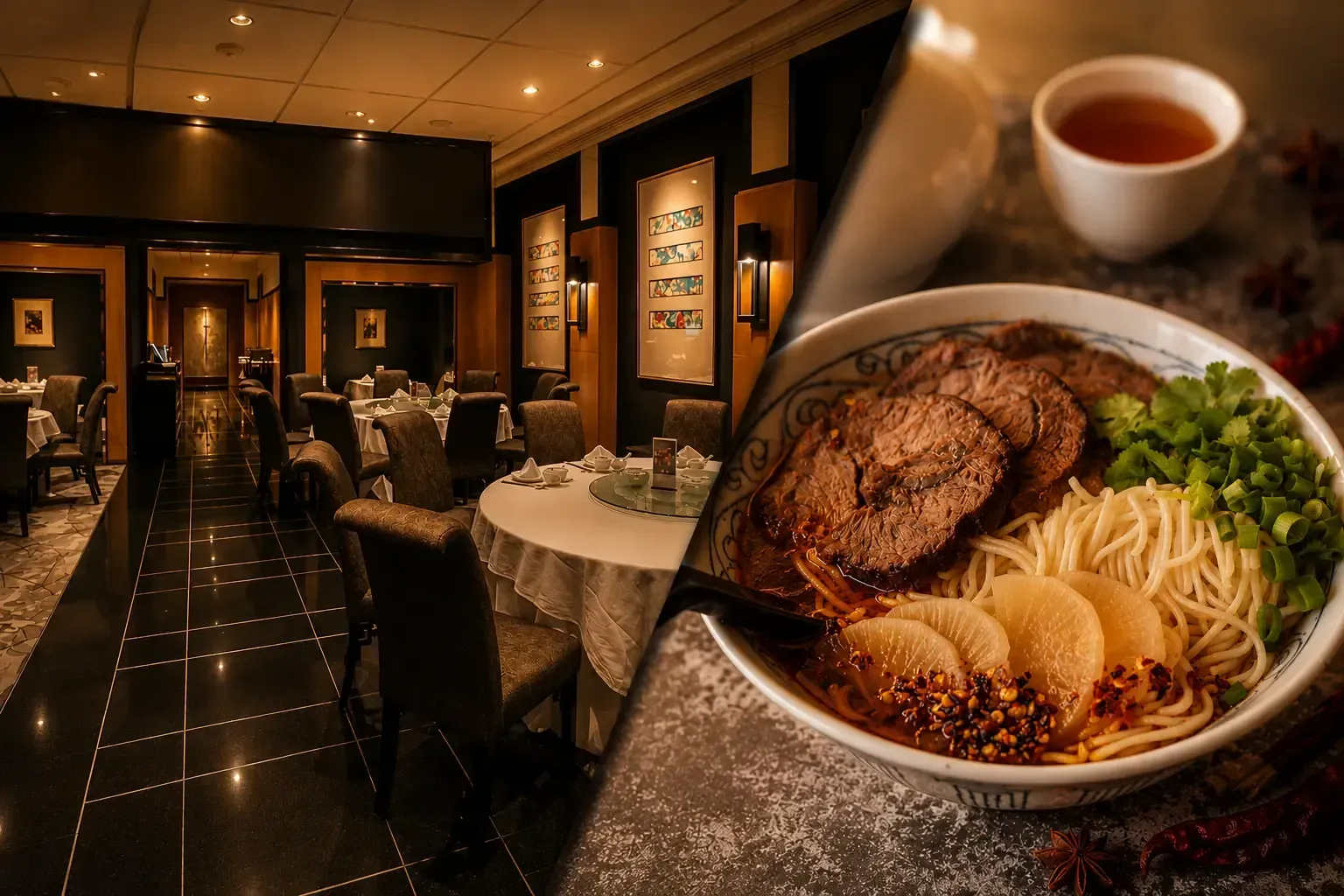 A split-screen image showcasing a fine dining experience. On the left is an elegant restaurant interior with black tiled floors, dark wooden panels, and round tables set with white tablecloths. On the right is a close-up of a bowl of beef noodle soup featuring sliced braised beef, white radish, noodles, and fresh cilantro, alongside a small cup of tea.