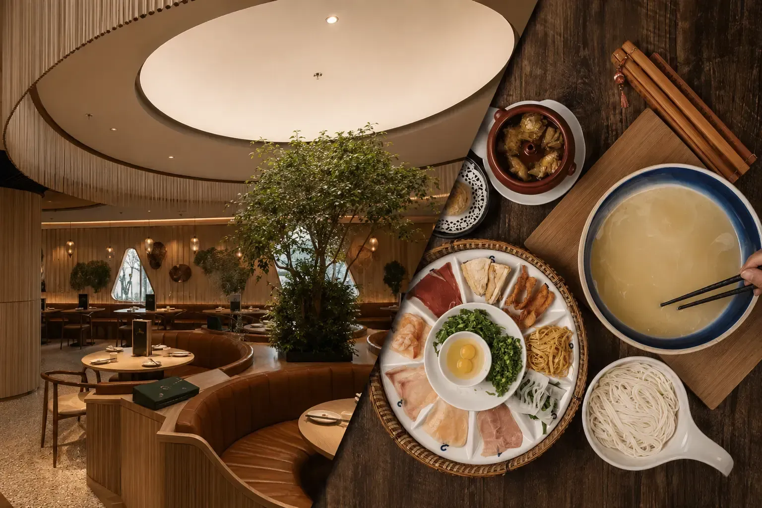 A split-screen image highlighting a modern dining experience. On the left is a spacious, contemporary restaurant interior featuring warm wood tones, curved leather booths, and an indoor tree. On the right, a top-down view shows the ingredients for Crossing-the-Bridge noodles, including raw meats, herbs, eggs on a platter, a bowl of rice noodles, and a large bowl of hot broth.