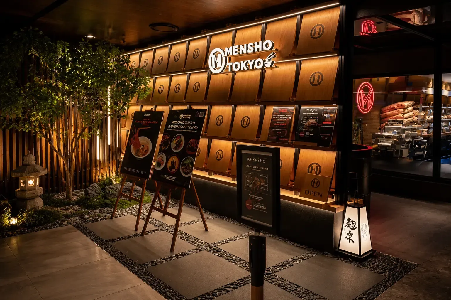 Mensho Tokyo restaurant entrance with glowing signs, display boards, and a small indoor garden layout.