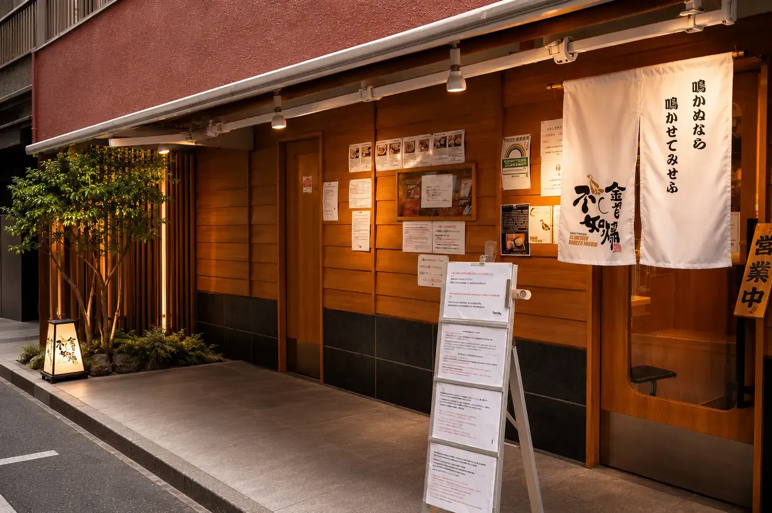 Traditional Japanese ramen restaurant exterior with wooden paneling, white door curtains, and a small tree.
