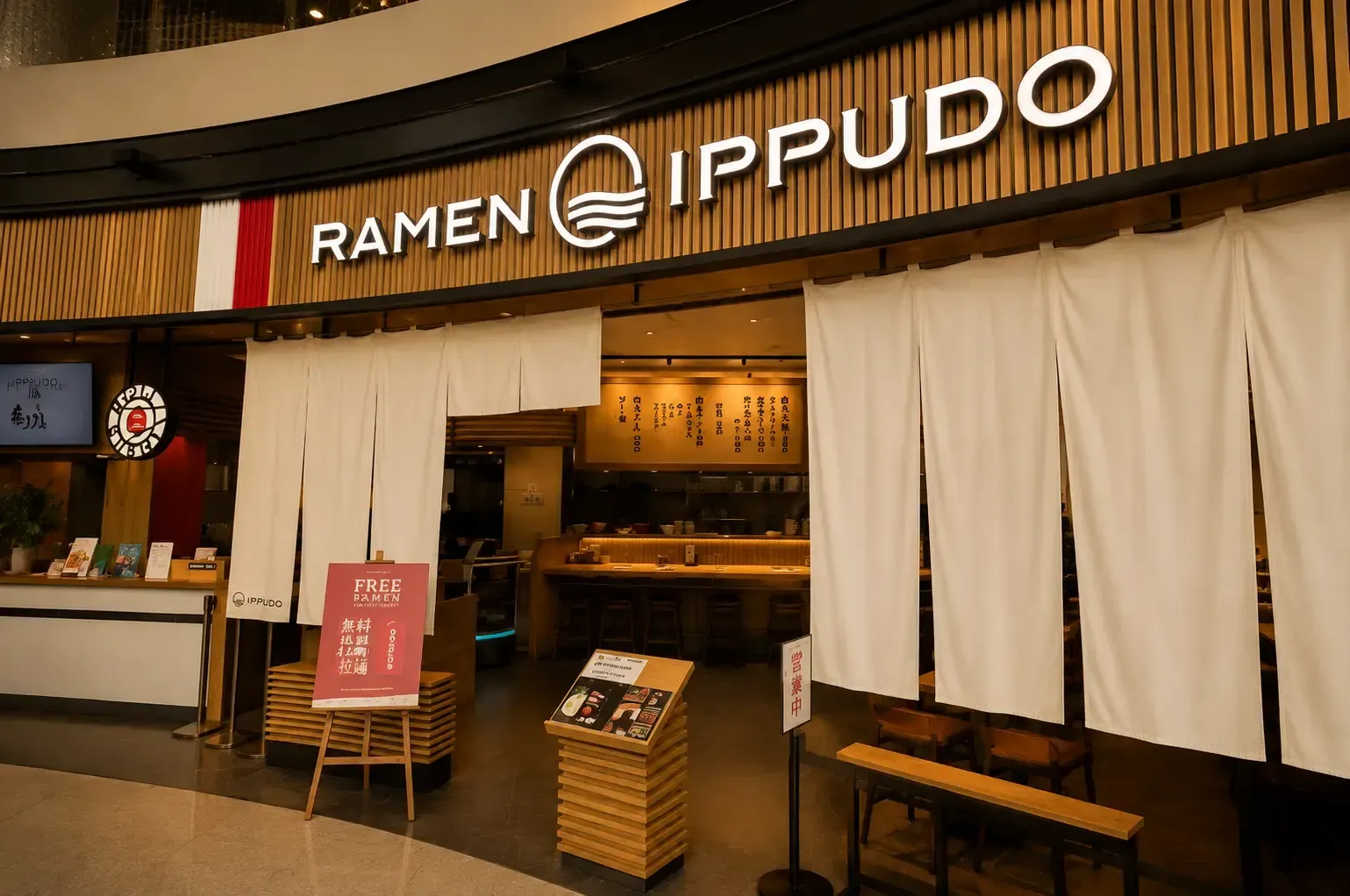 Modern Ramen Ippudo storefront featuring light wood slats, white fabric curtains, and a promotional stand.
