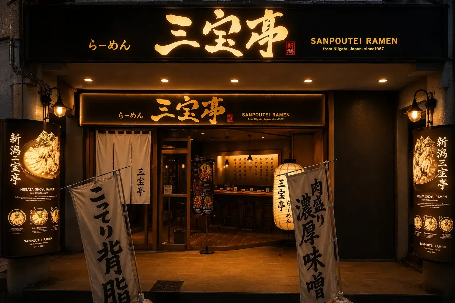 Nighttime shot of Sanpoutei Ramen's traditional Japanese facade with glowing signs and fabric banners.